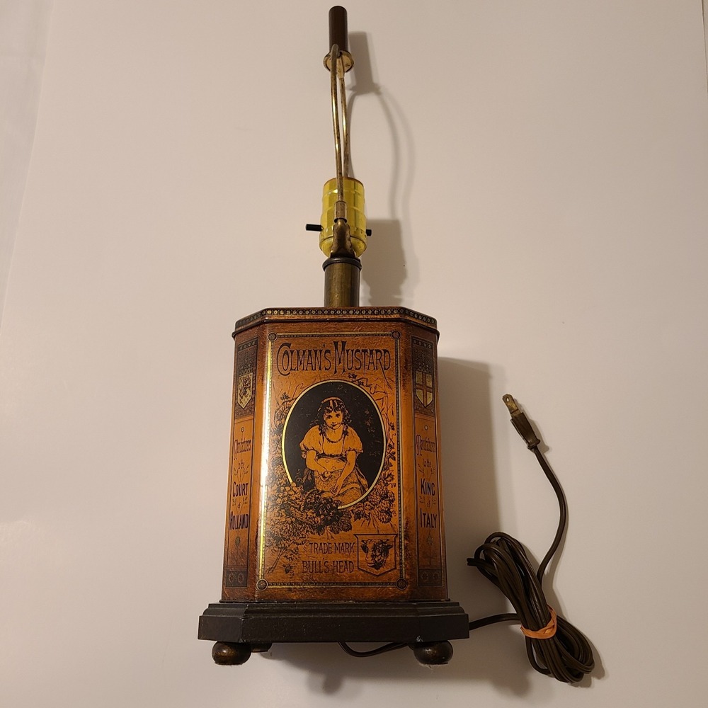 Vintage Colman's Mustard Tin Lamp Wood‎ Footed Base Tested and Works